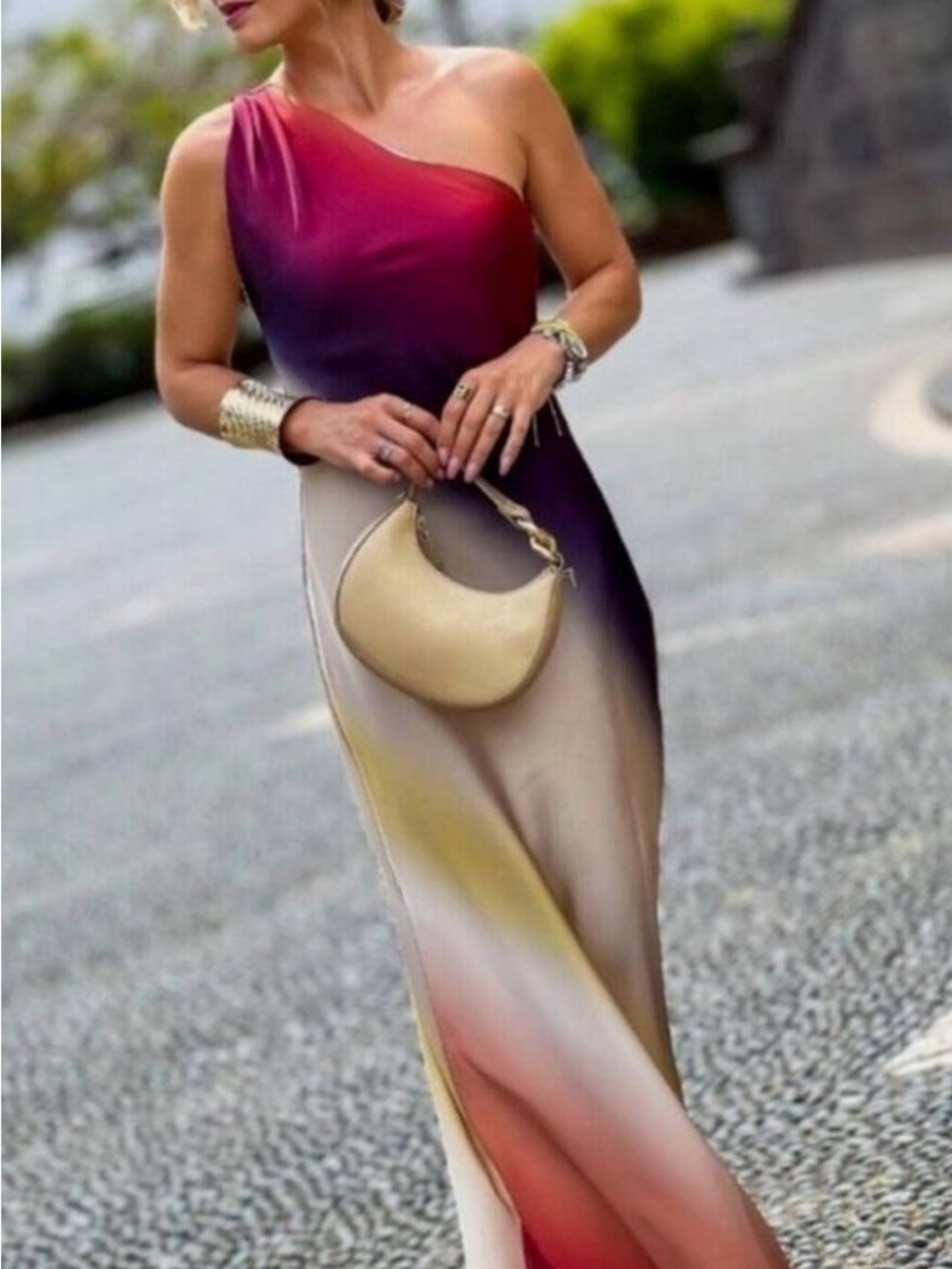Zara One-Shoulder Ombre Maxi Dress in Red-Purple Gradient